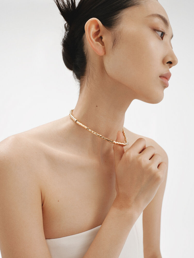 925 Silver necklace bathed in 18K yellow gold with bamboo texture image number 3