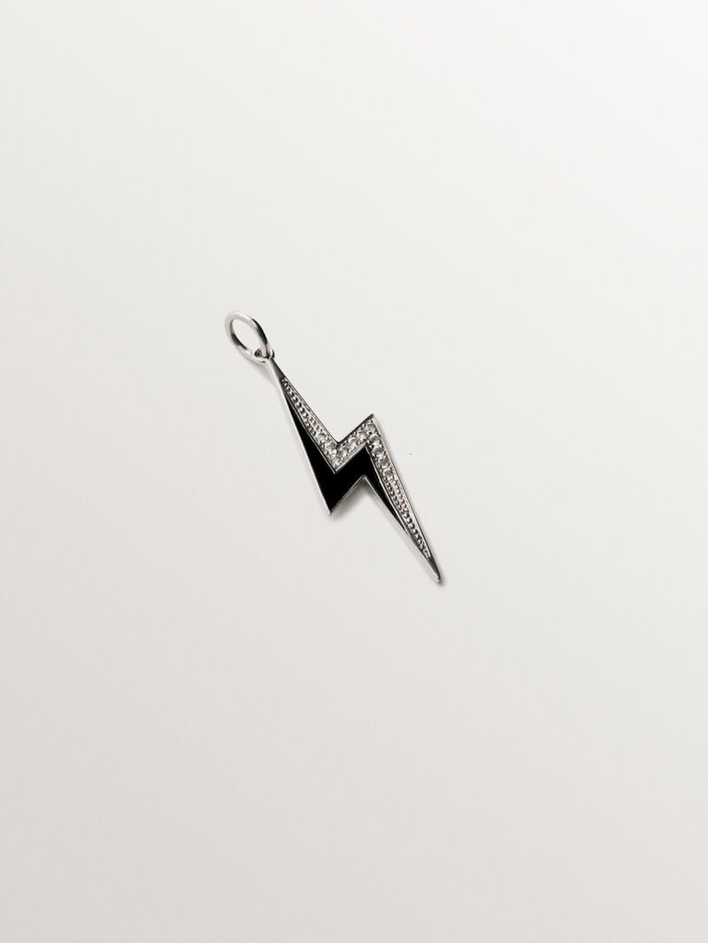 925 silver charm with white topaz and black enamel detail in the shape of a lightning bolt image number 0