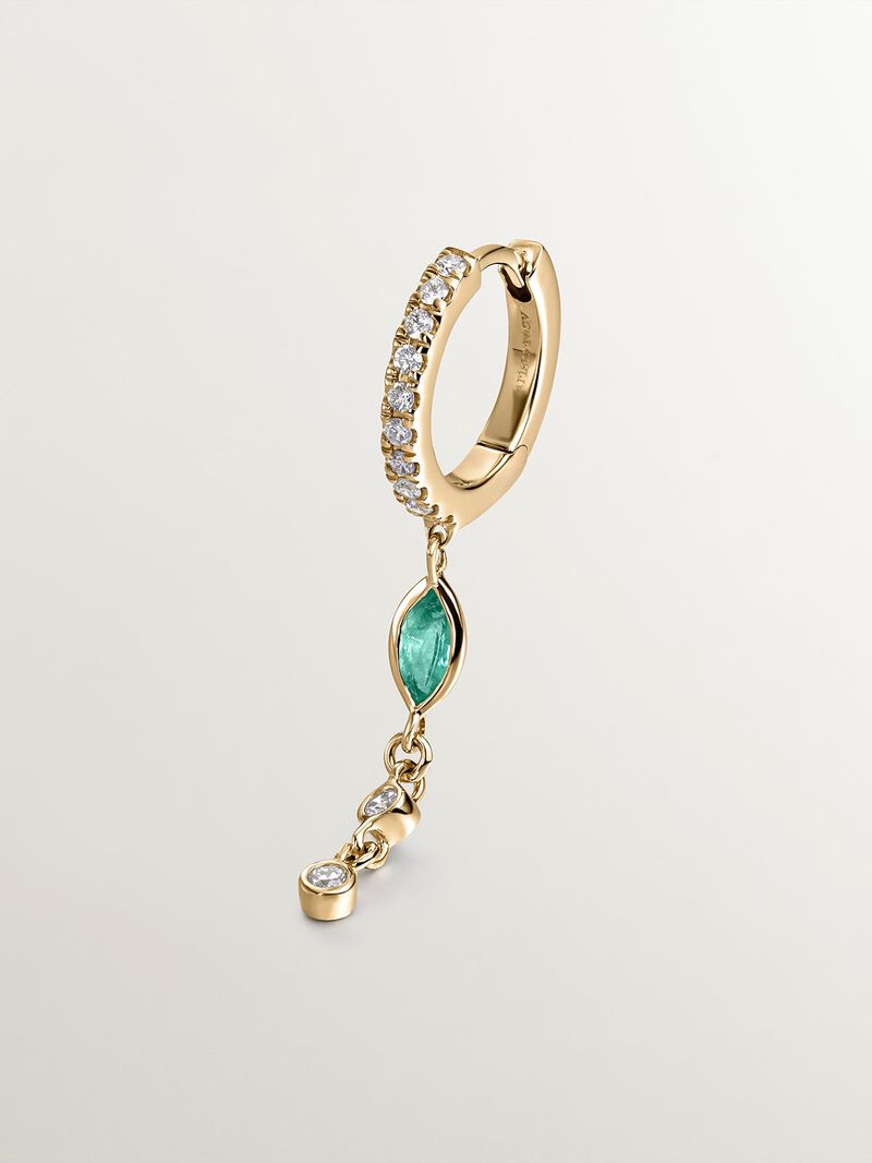 Individual small hoop earring made of 9K yellow gold with a diamond chain and emerald. image number 4