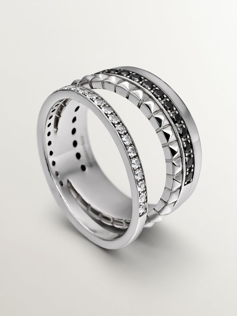 925 Silver double ring with texture and black spinels image number 4