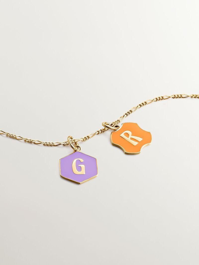 Charm in 925 sterling silver plated in 18K yellow gold with initial R and orange enamel with irregular shape image number 4