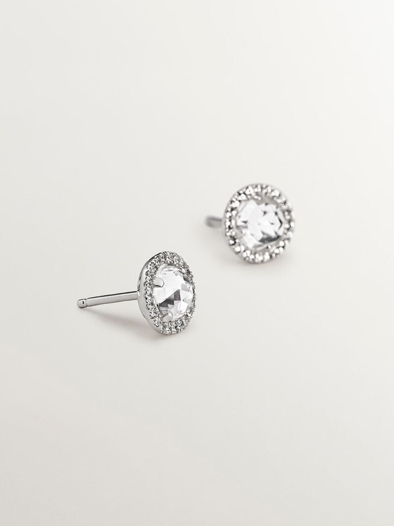 925 silver button earrings with white topaz and a halo of white sapphires. image number 4