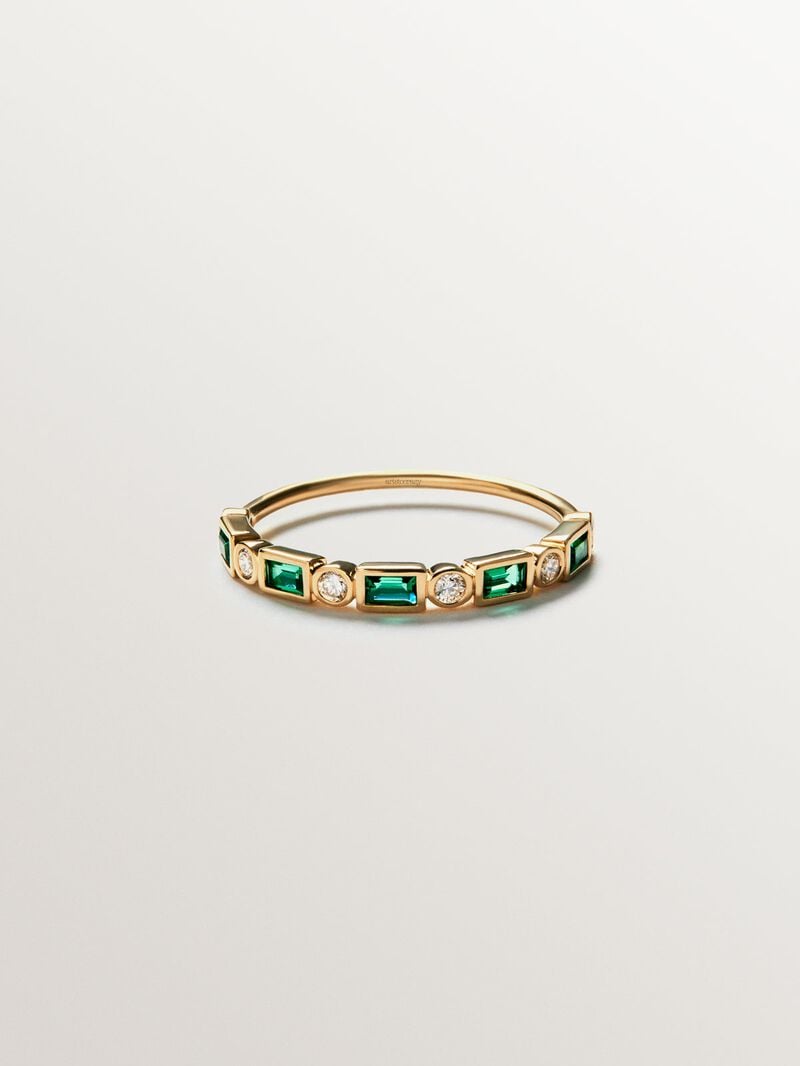 9K yellow gold ring with green emeralds and diamonds image number 0