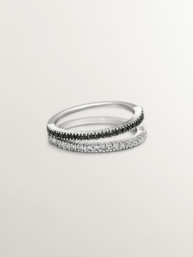Double ring made of 925 silver with black spinels and white topaz. image number 2