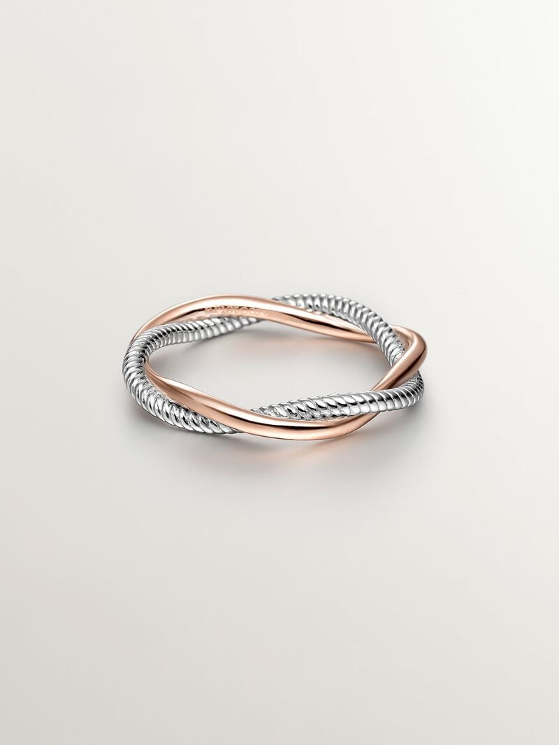 Double twisted ring made of 925 silver bathed in 18K rose gold. image number 2
