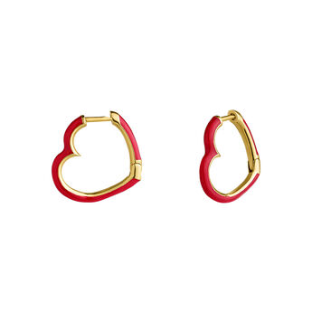 Medium heart hoop earrings in 18k yellow gold-plated silver with red enamel, J05158-02-REDENA,hi-res