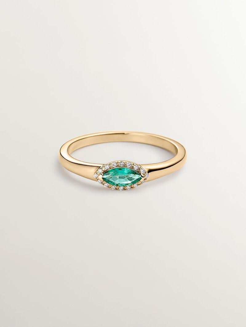 9K Yellow Gold Ring with Emerald and Diamonds image number 2