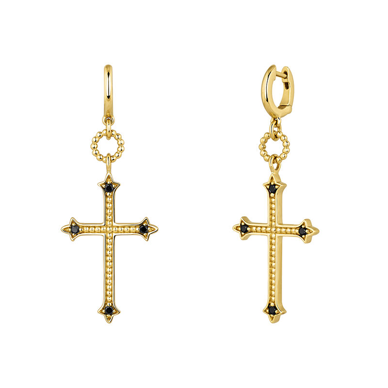 Gold plated large-size cross drop earrings with spinels , J04229-02-BSN, hi-res