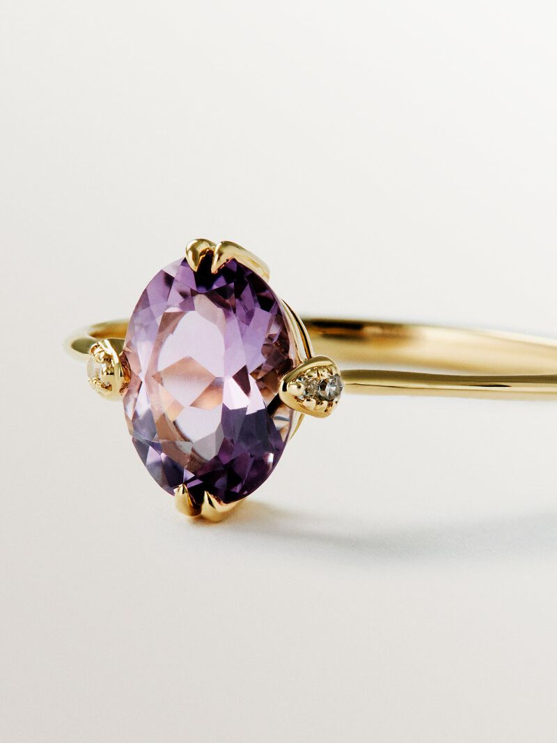 9K Yellow Gold Solitaire Ring with Pink Amethyst and Diamonds image number 5