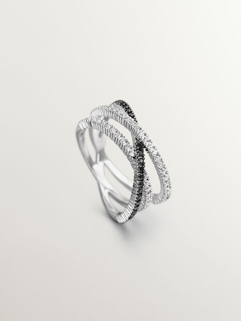 Triple crossed ring made of 925 silver plated in 18K yellow gold with white topazes and black spinels. image number 4