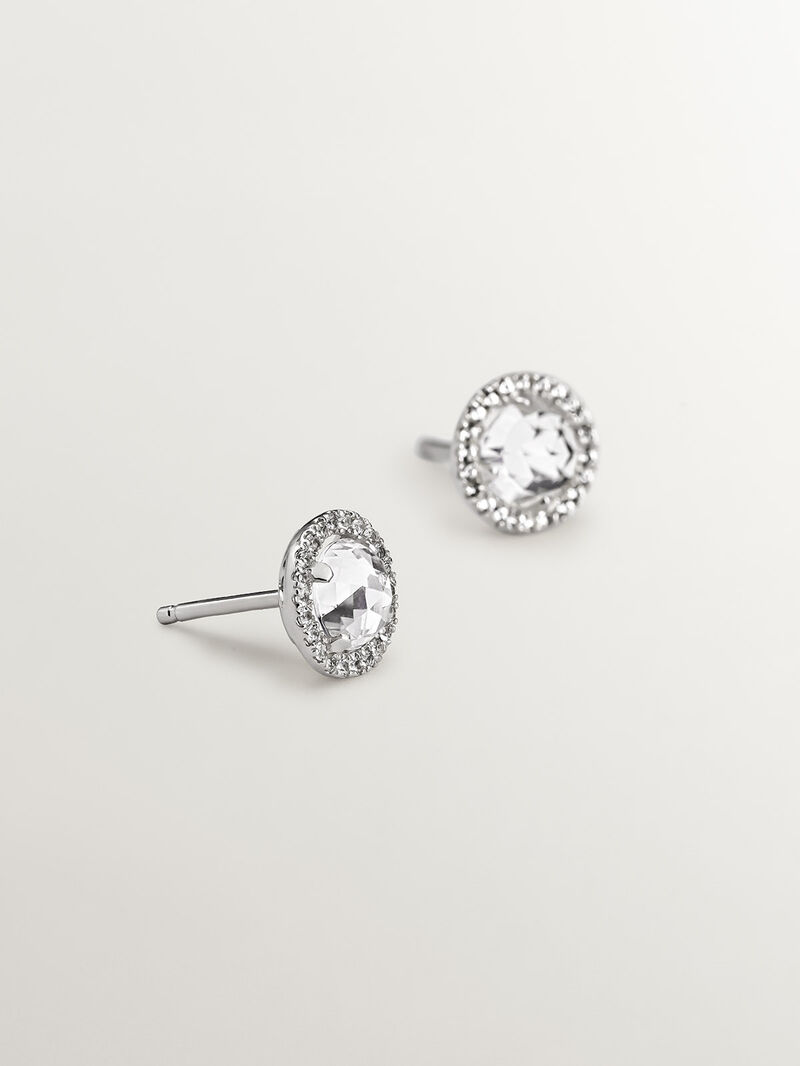 925 silver button earrings with white topaz and a halo of white sapphires. image number 4