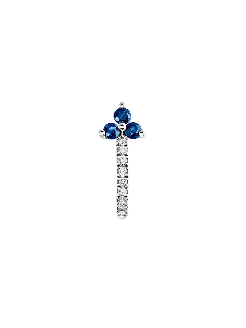 Individual small hoop earring made of 9K white gold with a blue sapphire and diamond clover. image number 2