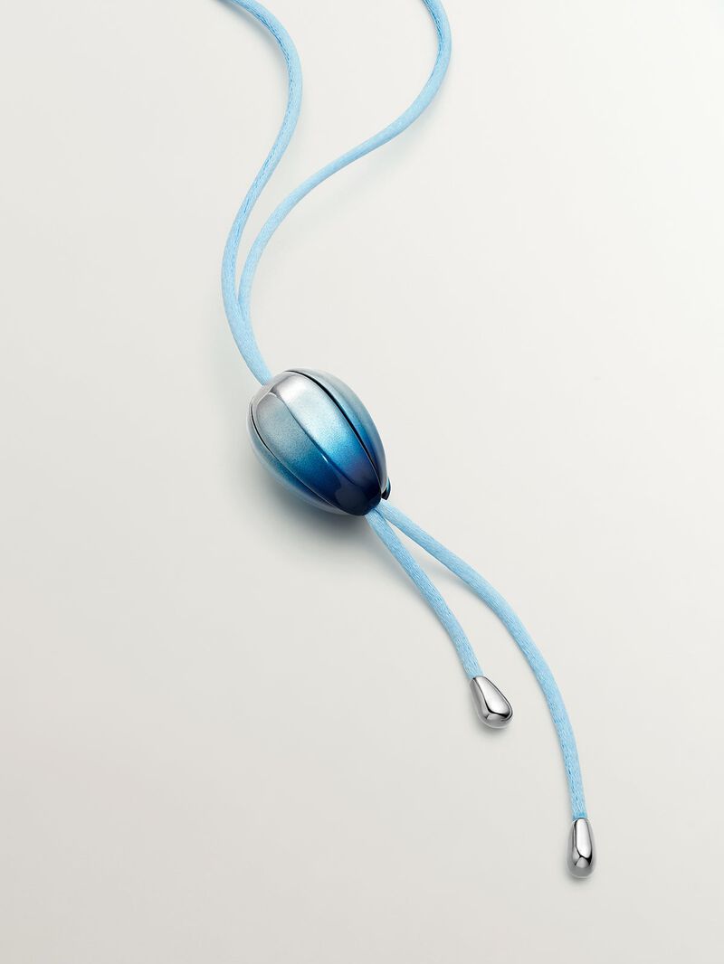 Cord and 925 silver necklace in the shape of an orchid, gradient blue enamel and polished effect image number 3