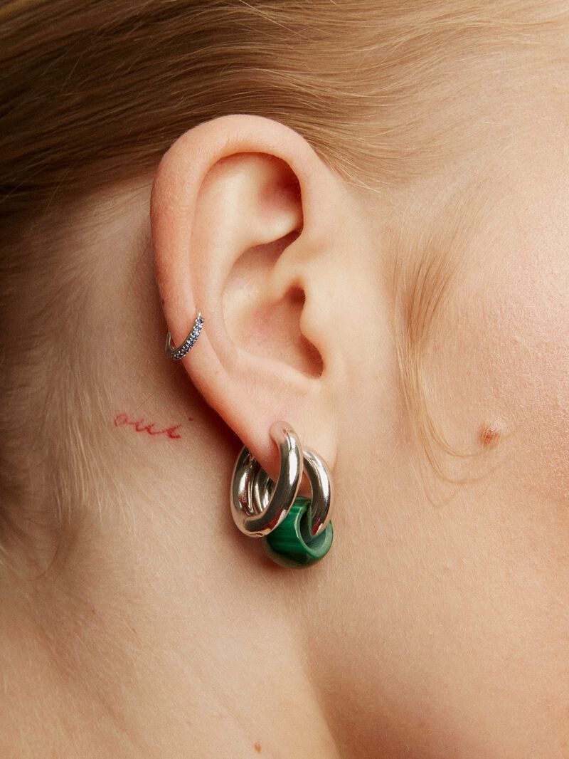 Individual small hoop earring made of 9K white gold with blue sapphires. image number 5