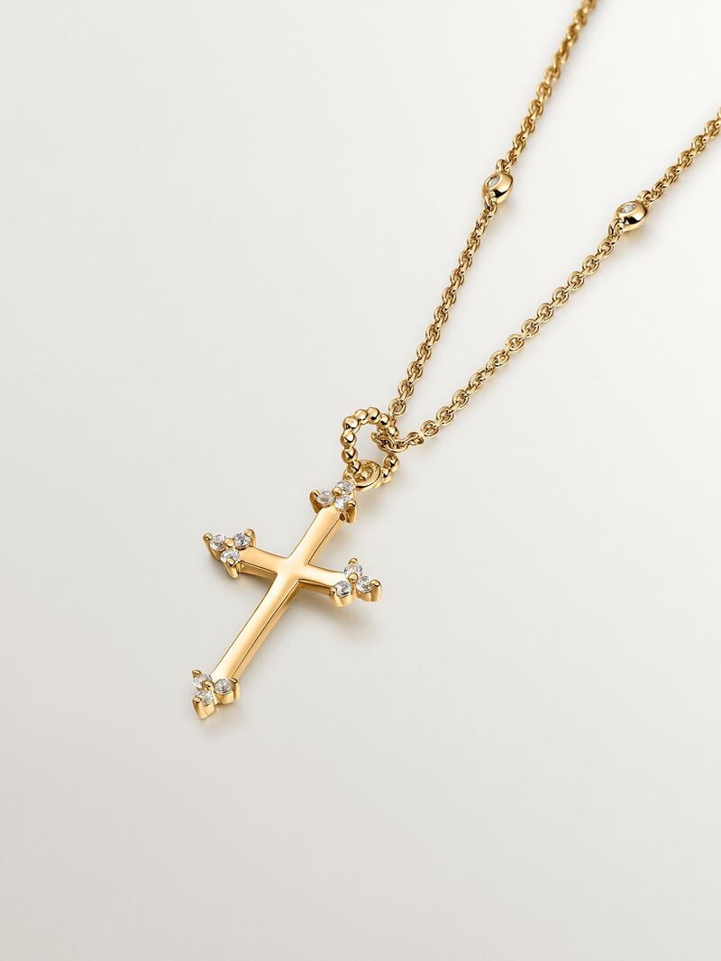 925 Silver pendant dipped in 18K yellow gold featuring a cross and white topazes. image number 2
