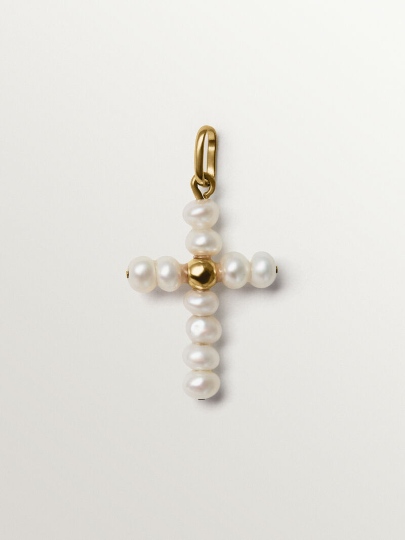 18K yellow gold plated 925 silver charm with pearls and a cross shape image number 0