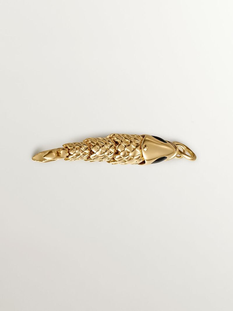 925 Silver charm bathed in 18K yellow gold with black enamel and fish shape. image number 2