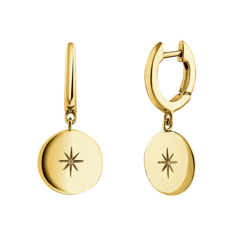 Gold plated star round motif hoop earrings , J04606-02, hi-res
