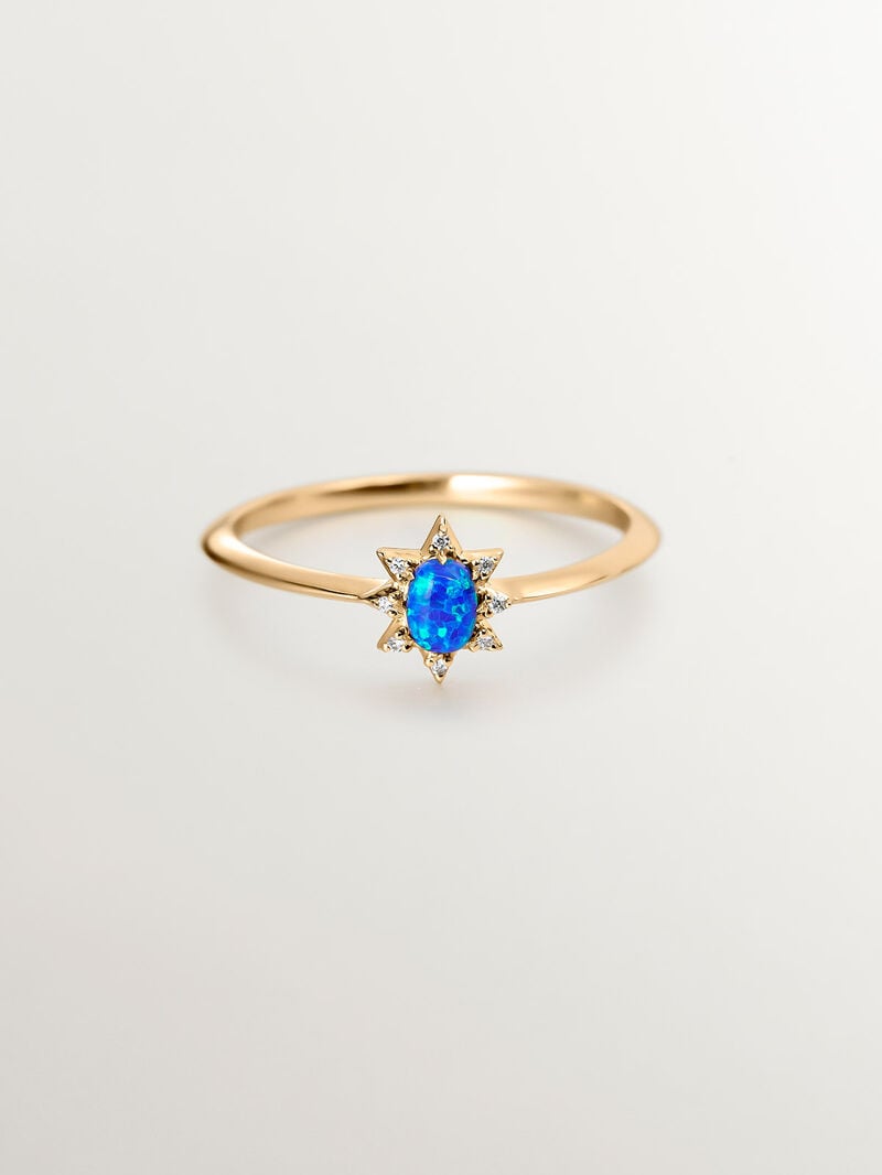 18K yellow gold ring with lab-grown blue opal and white diamonds. image number 2