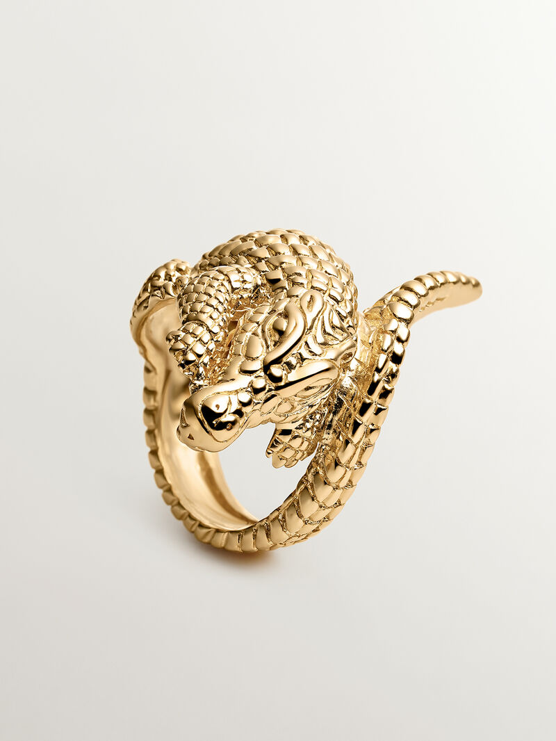 925 Silver wide ring, dipped in 18K yellow gold, in the shape of a crocodile. image number 0