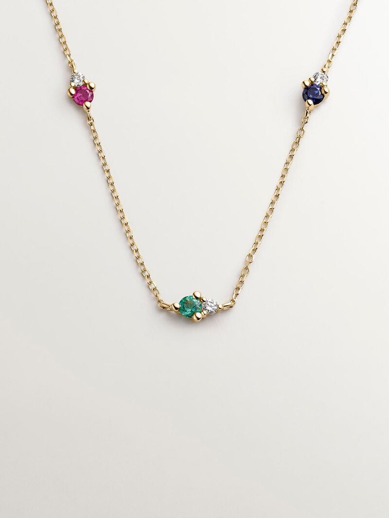9K yellow gold necklace with sapphire, emerald, ruby, and diamonds. image number 0