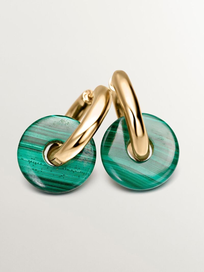 Medium hoop earrings made of 925 silver, gold plated in 18K yellow gold with green malachite. image number 4
