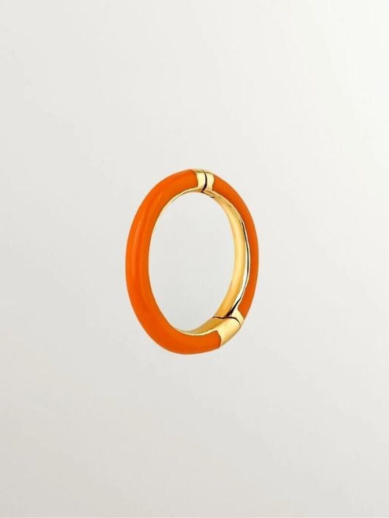 Individual medium hoop earring made of 9K yellow gold with orange enamel. image number 0