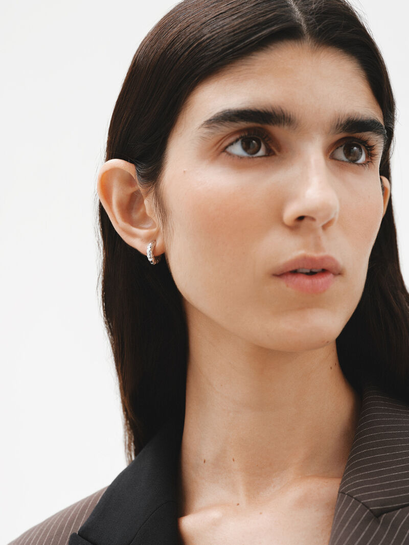 Small 925 silver hoop earrings with bamboo texture. image number 1