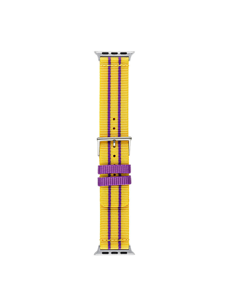 Nylon strap for Apple Watch with yellow and purple stripes. image number 4