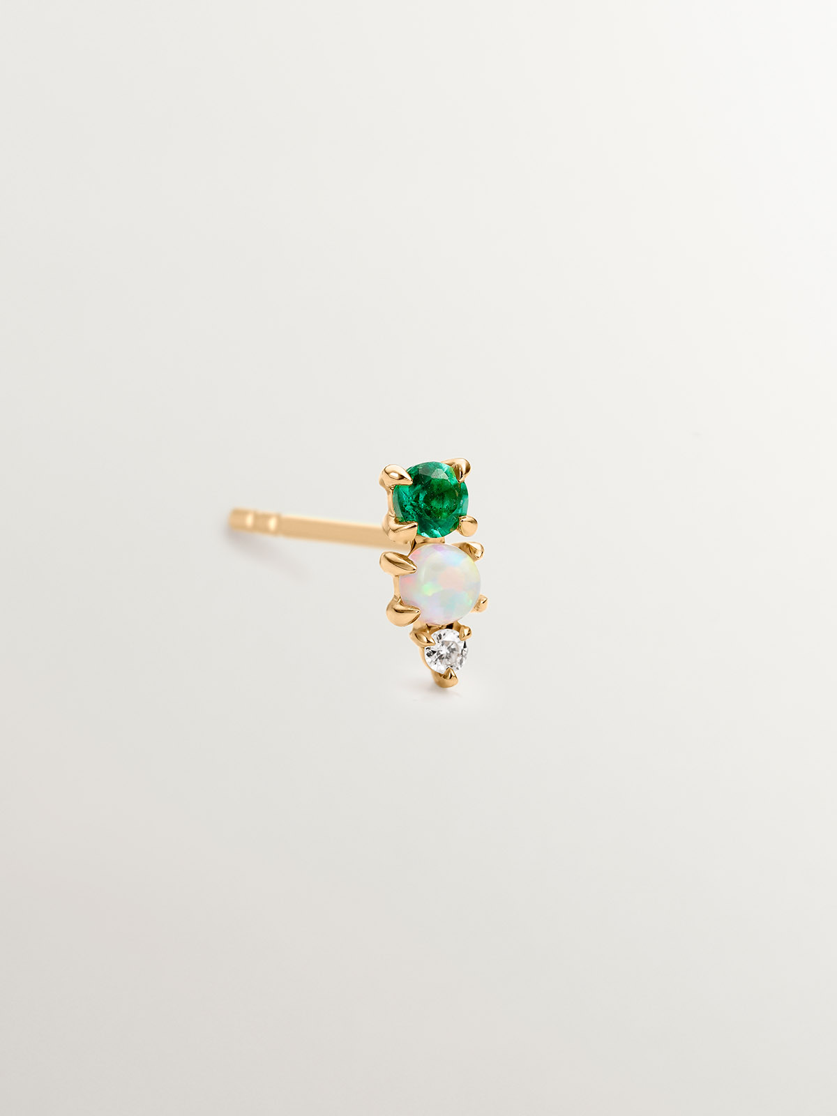 Single 18K yellow gold earring with emerald, lab grown white opal and diamond.