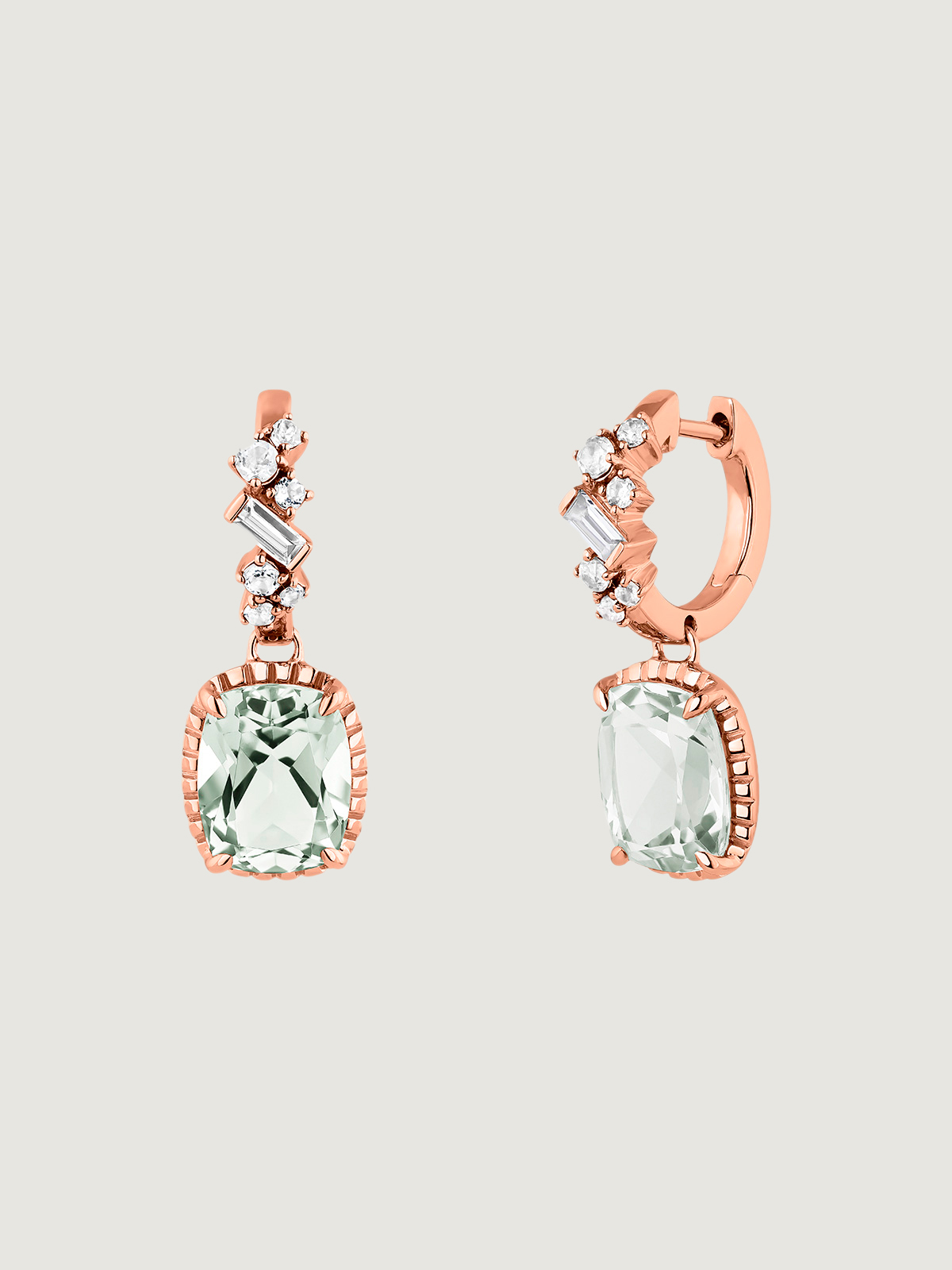 Pendientes de aro de plata 925 bañada en oro rosa de 18K con cuarzos verdes y topacios azul swiss