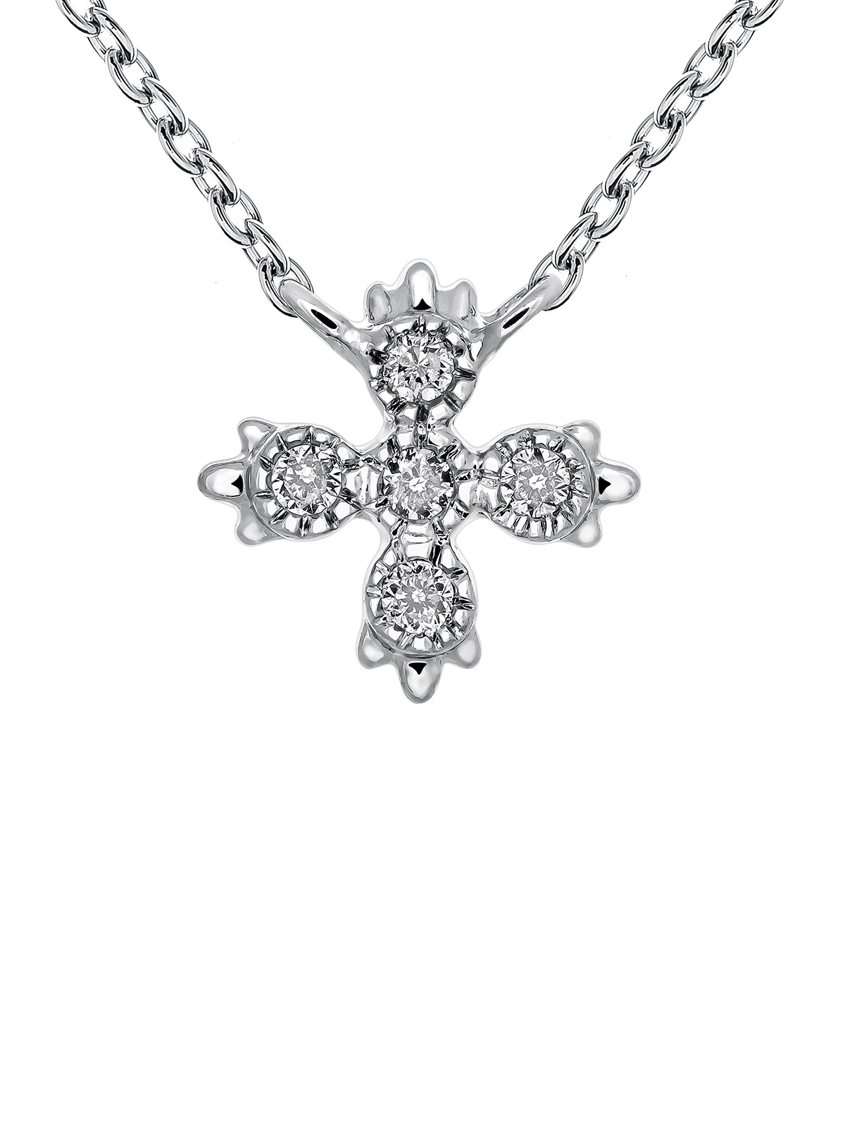 9K white gold pendant with cross featuring 0.03 cts white diamonds.