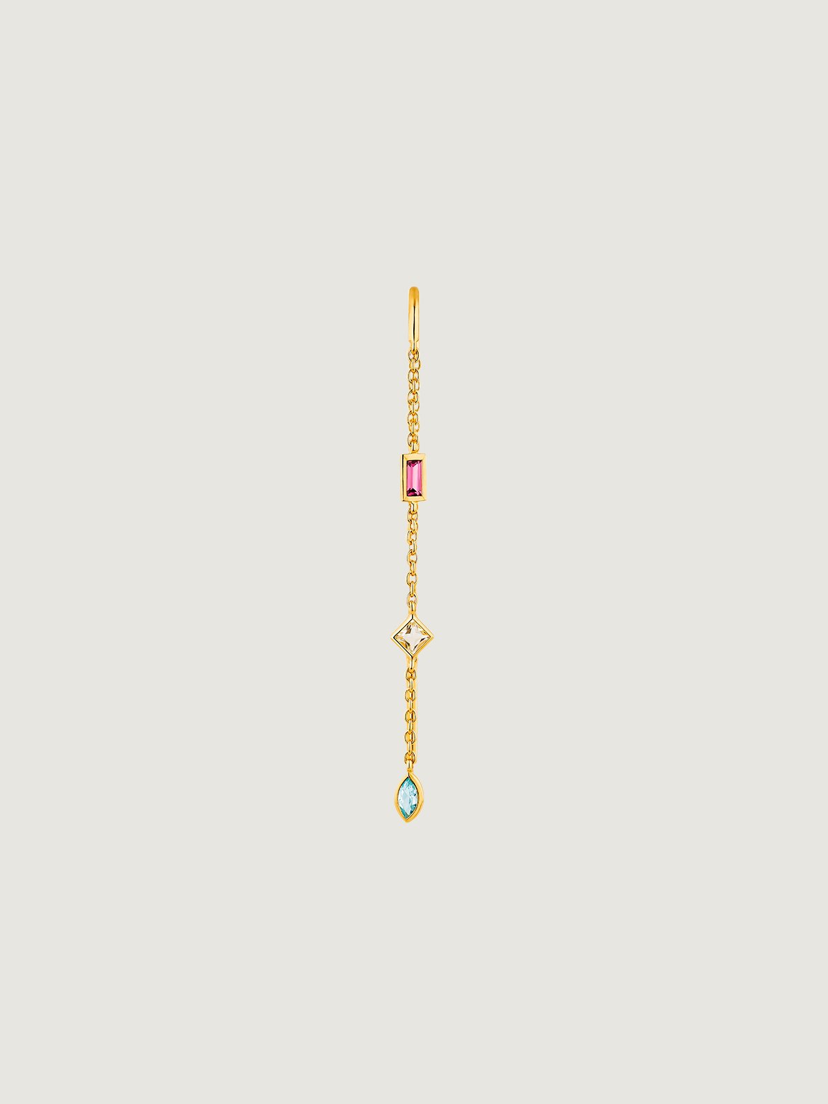 Individual earring made of 925 silver, bathed in 18K yellow gold with rhodolite, quartz and topaz.