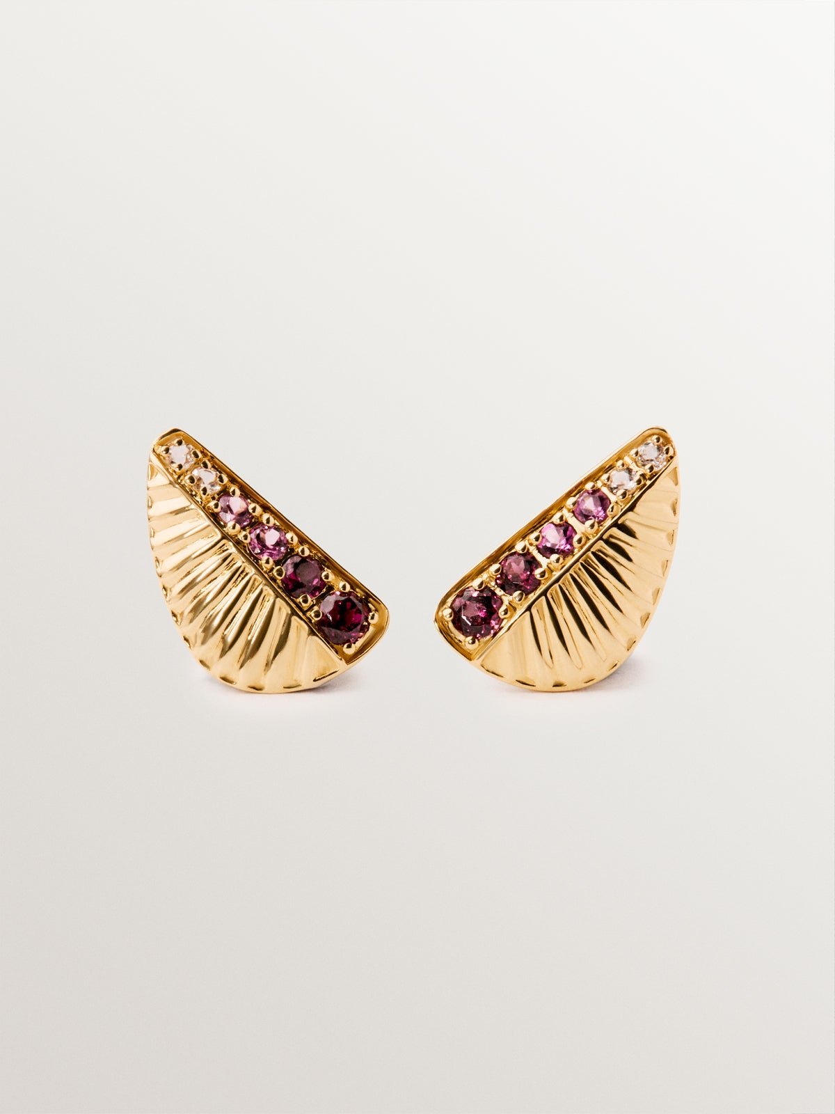 18K yellow gold plated 925 silver earrings with purple rhodolites and guilloché texture