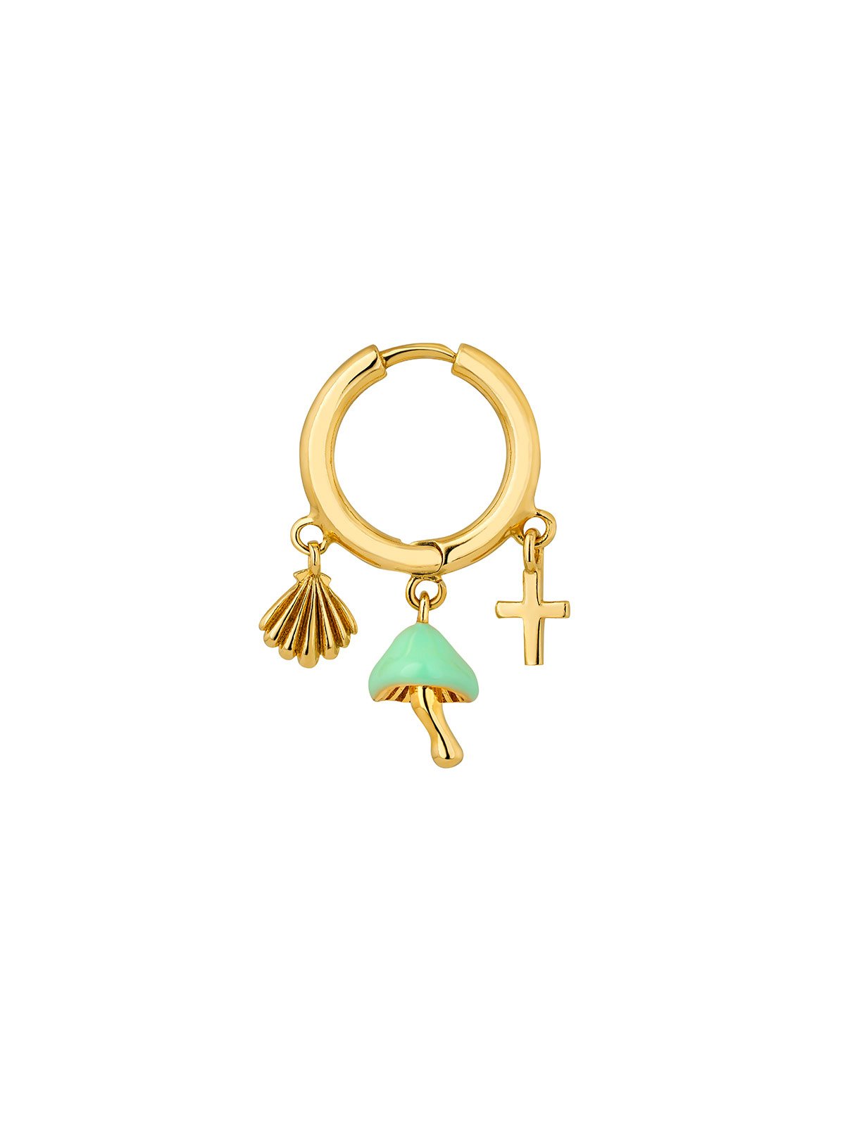 Pendiente individual de aro pequeño de plata 925 bañada en oro amarillo de 18K con cruz y seta con esmalte turquesa