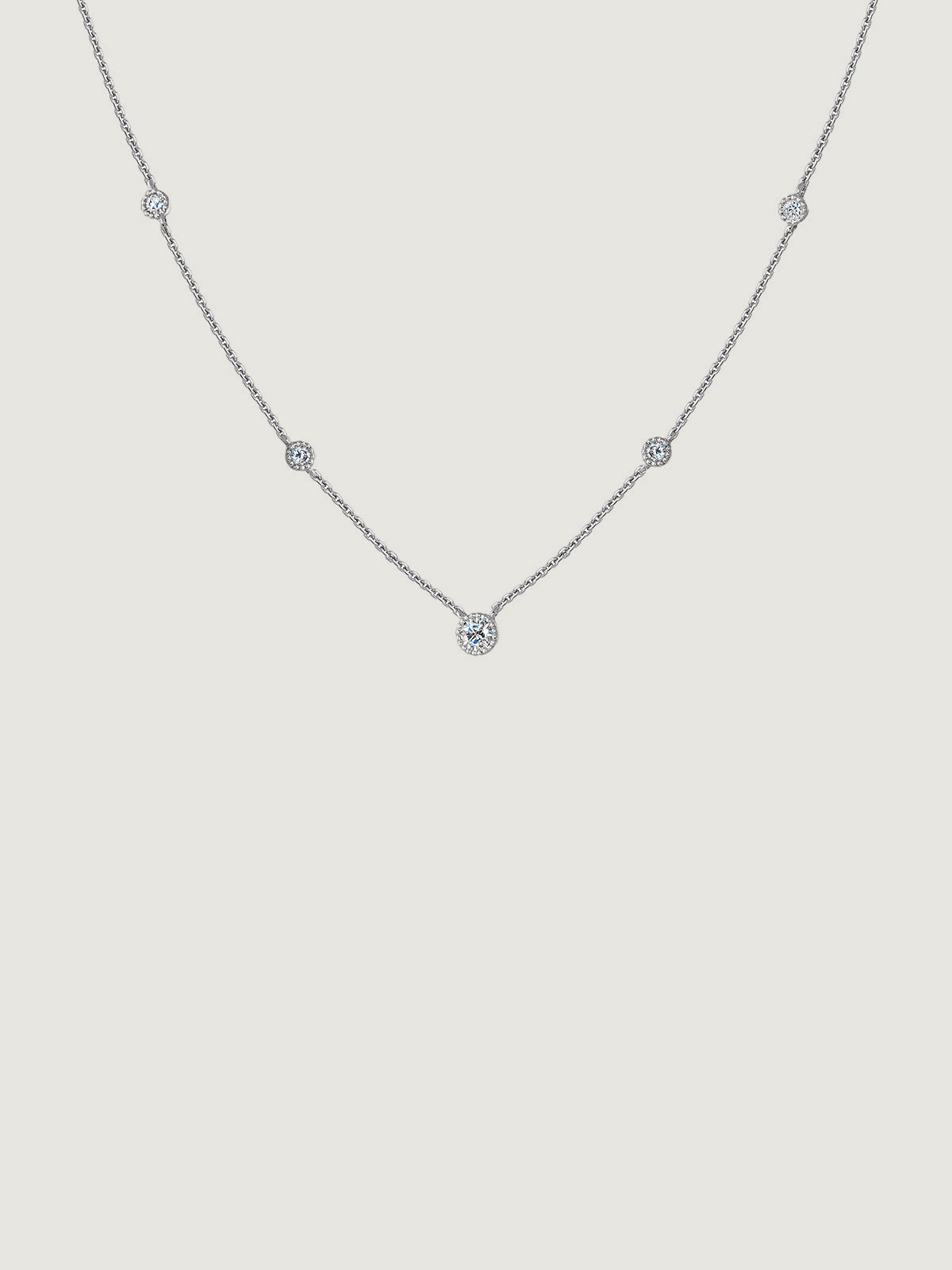 9K white gold necklace with white diamonds.