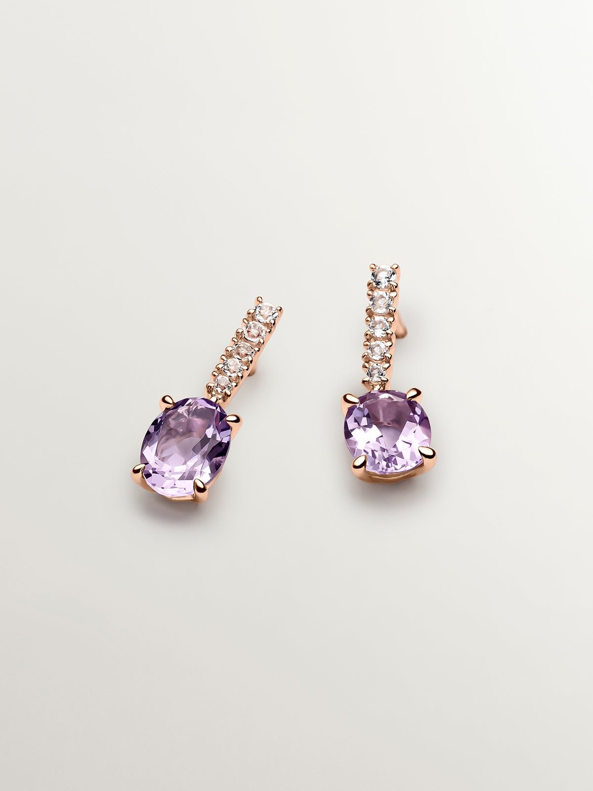 Pendientes de plata 925 bañada en oro rosa de 18K con amatista morada y topacios blancos