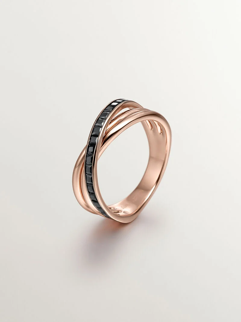 Bague double en argent 925 plaqué or rose 18K avec spinelles noires