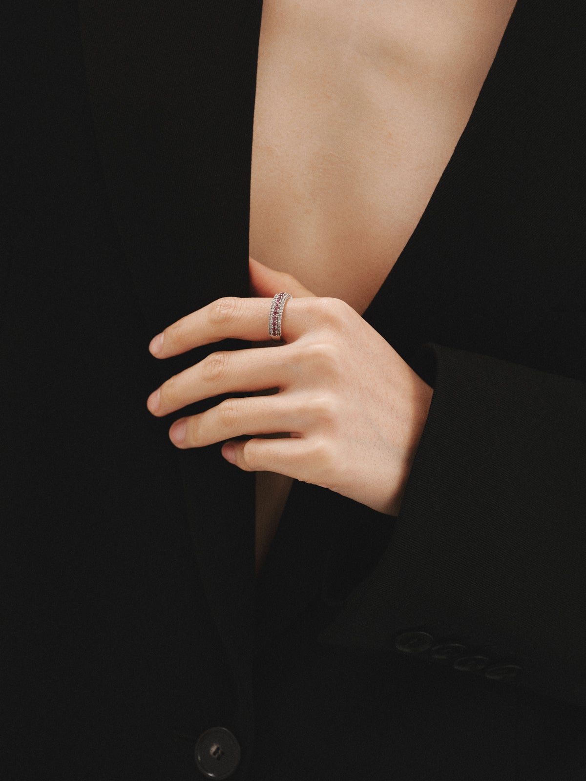Bague en argent 925 avec rhodolite rose et topazes blanches