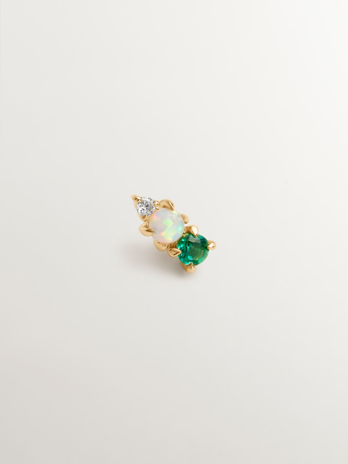 Single 18K yellow gold earring with emerald, lab grown white opal and diamond.
