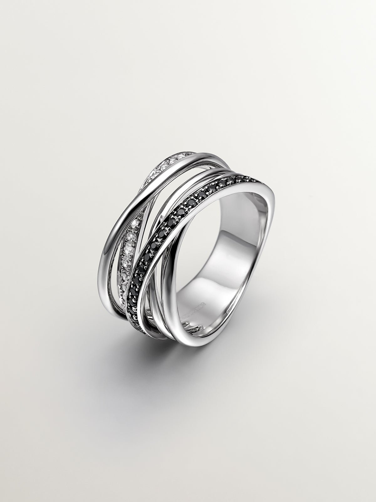 Bague multi-bras en argent 925 avec topazes blanches et spinelles noirs