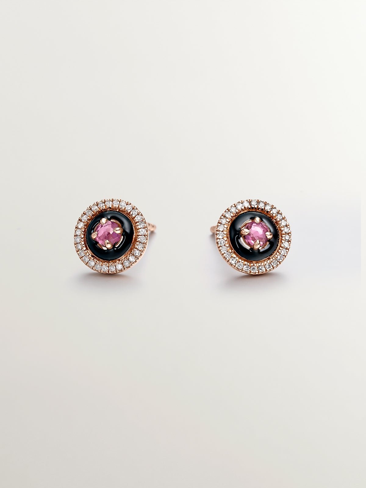 Pendientes de plata 925 bañada en oro rosa de 18K con diamantes, rodolitas rosas y esmalte negro