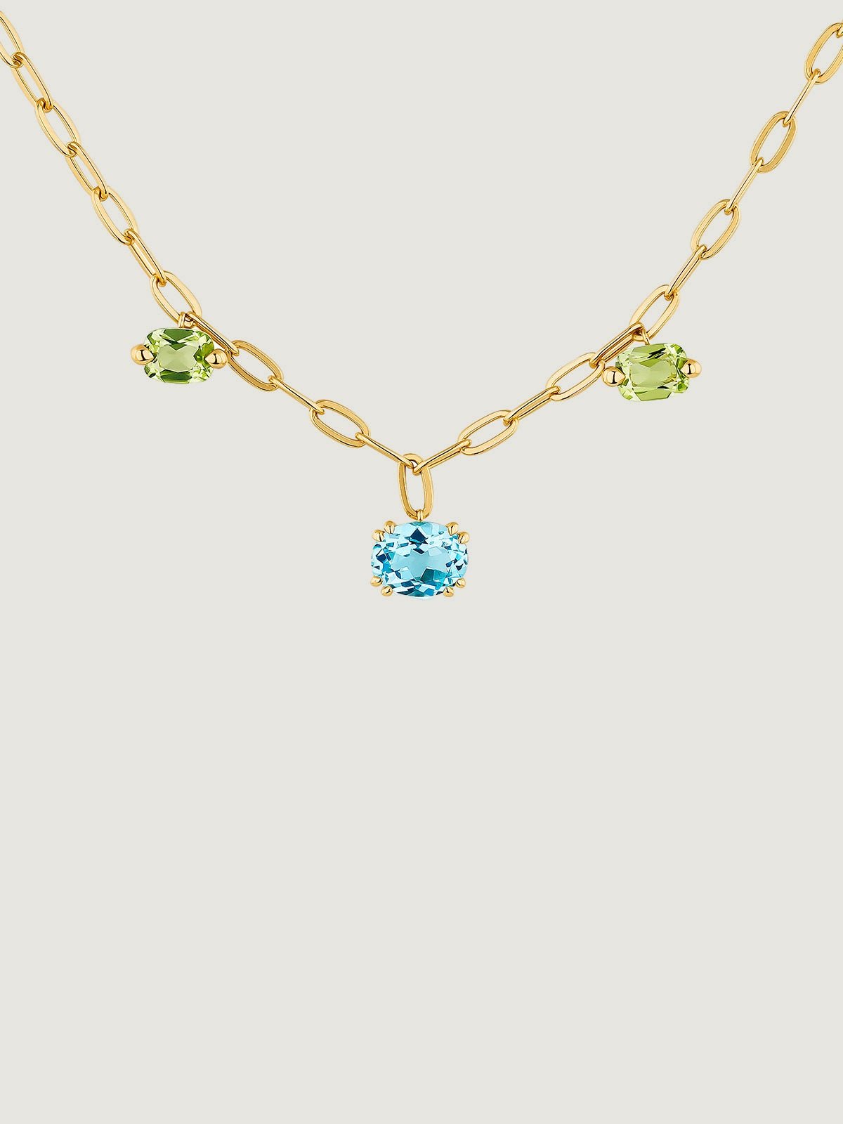 Collar de plata 925 bañada en oro amarillo de 18K con topacios azul swiss, peridotos verdes y citrinos