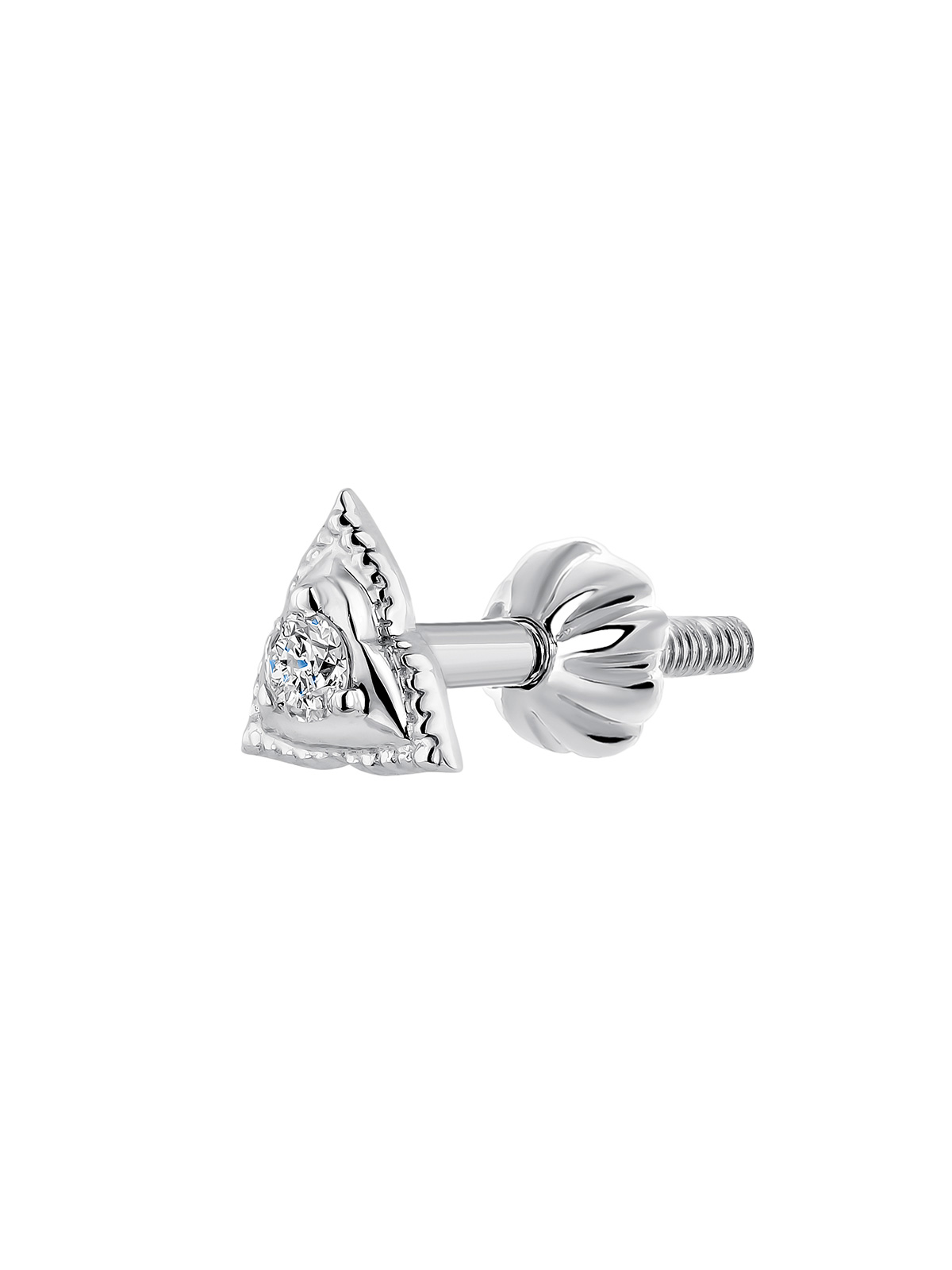 Single 9K white gold earring with diamond in a triangular shape.