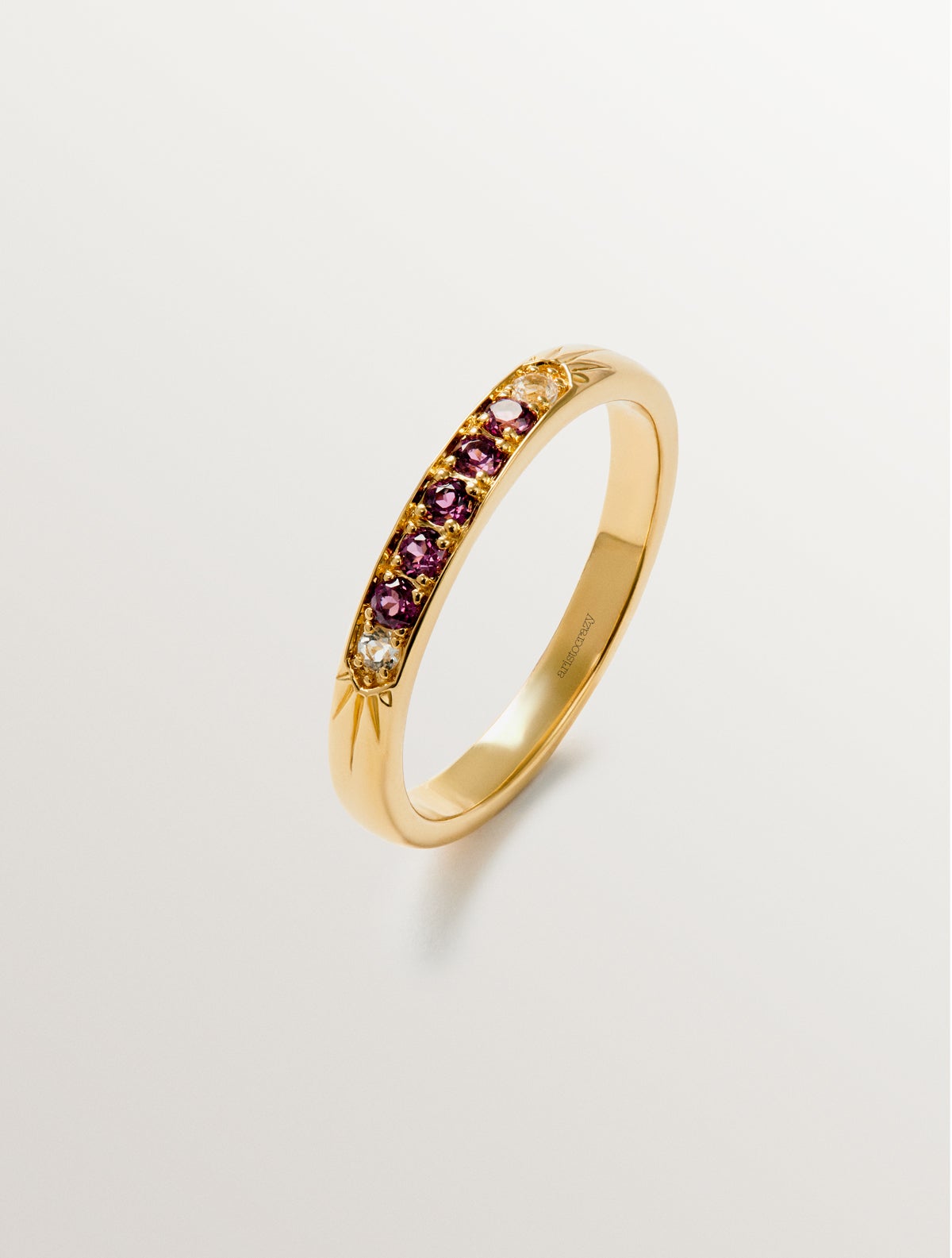 18K yellow gold plated 925 silver ring with purple rhodolites and white topazes