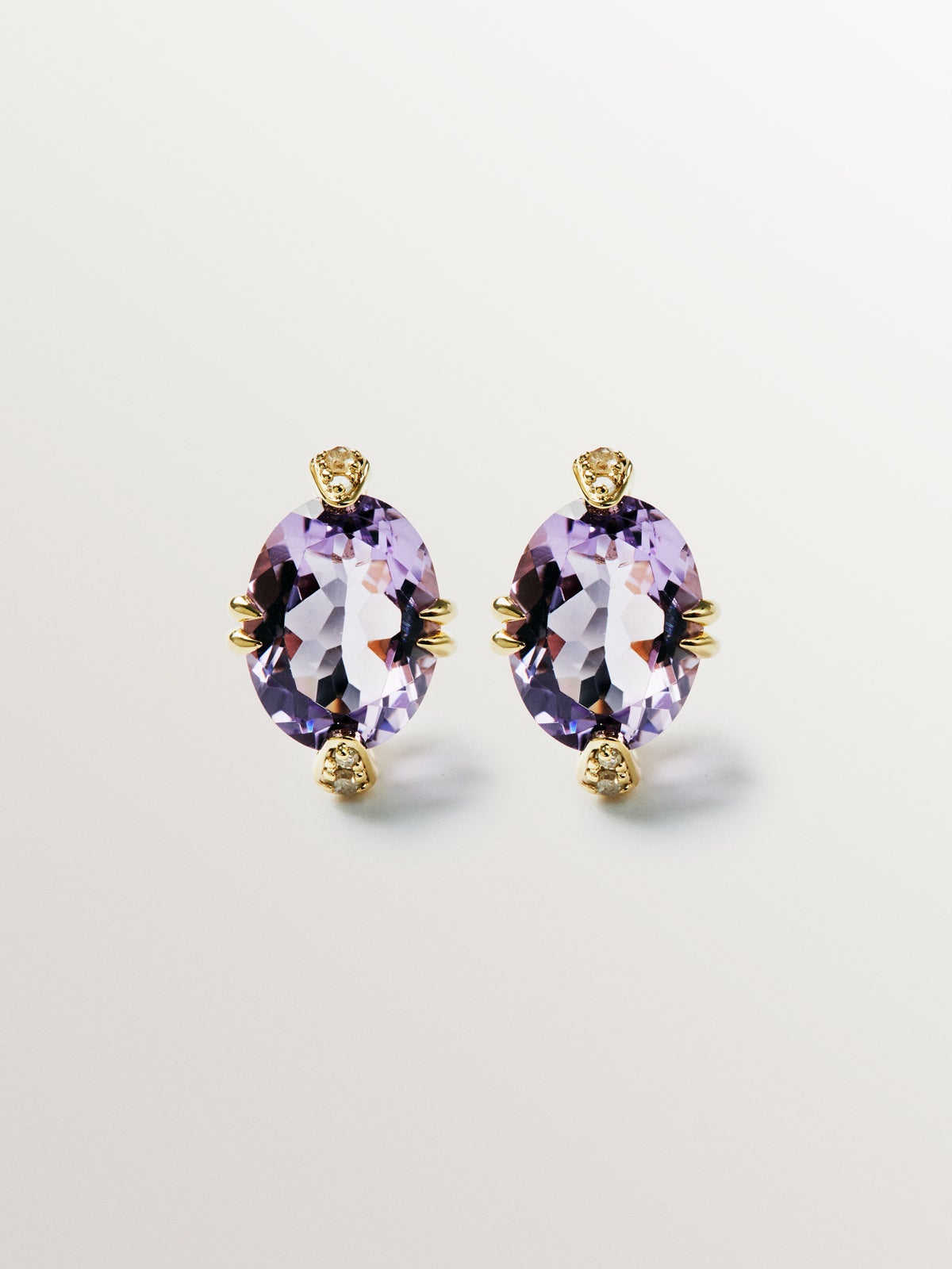 9K Yellow Gold Stud Earrings with Pink Amethysts and Diamonds