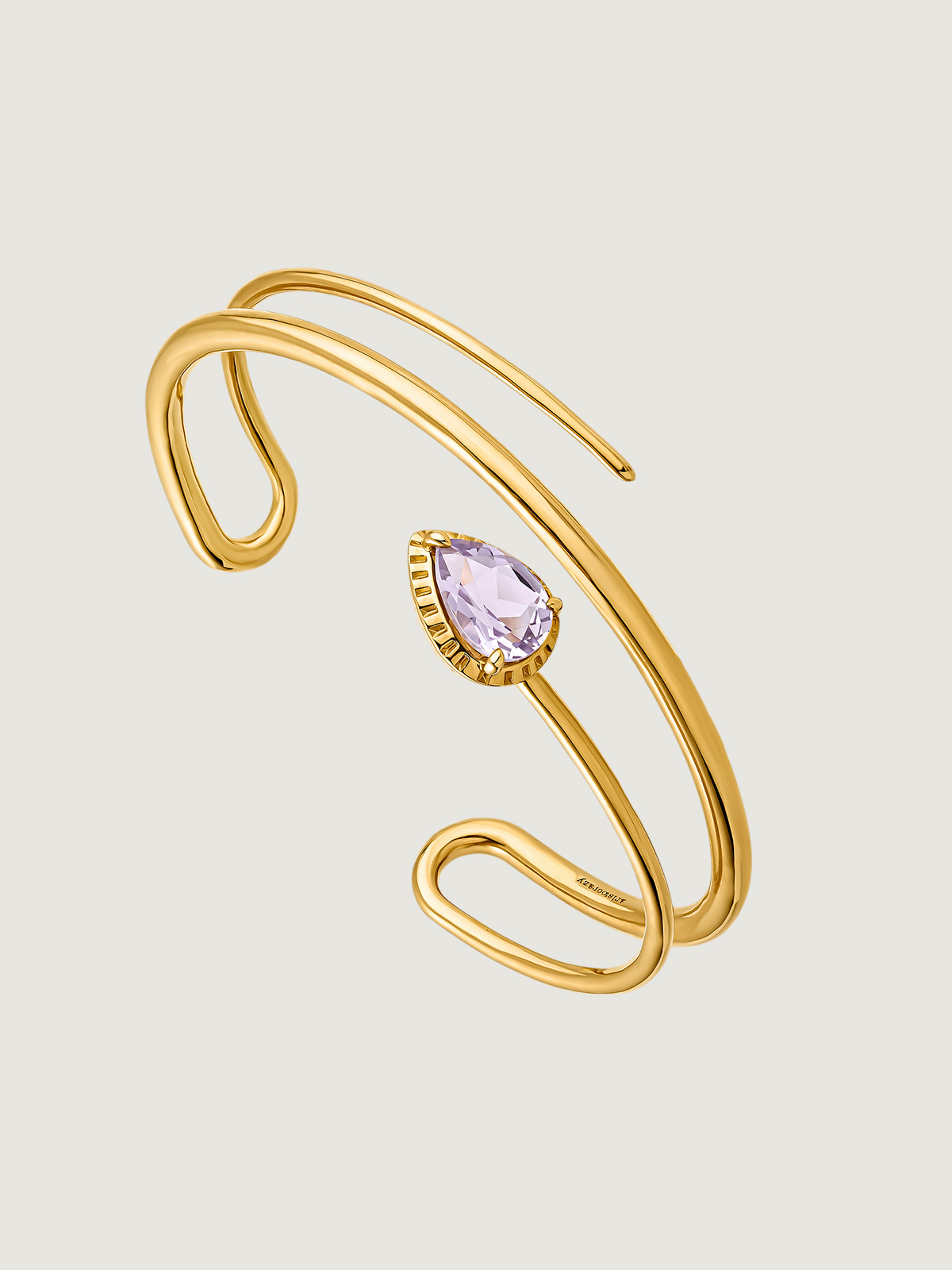 Pulsera rígida de plata 925 bañada en oro amarillo de 18K con amatista rosa