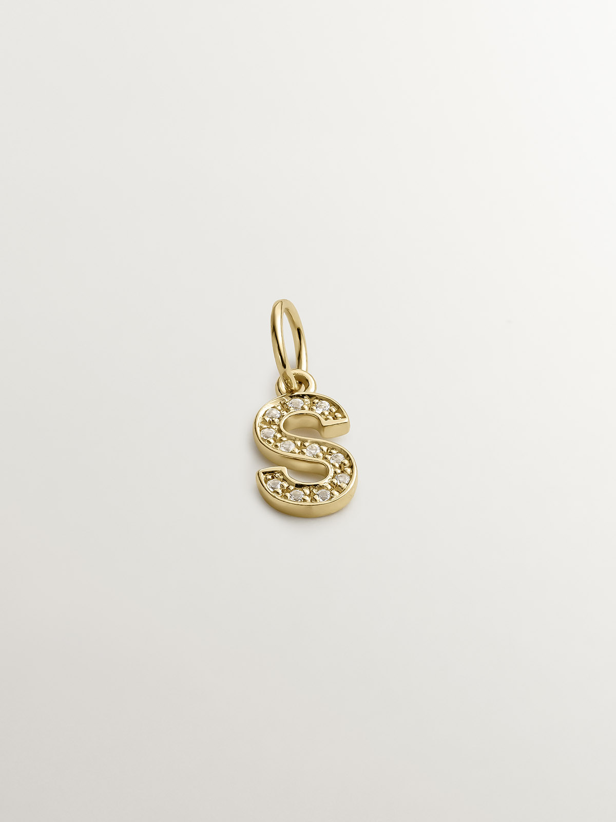925 Silver charm dipped in 18K yellow gold and white topaz with initial S