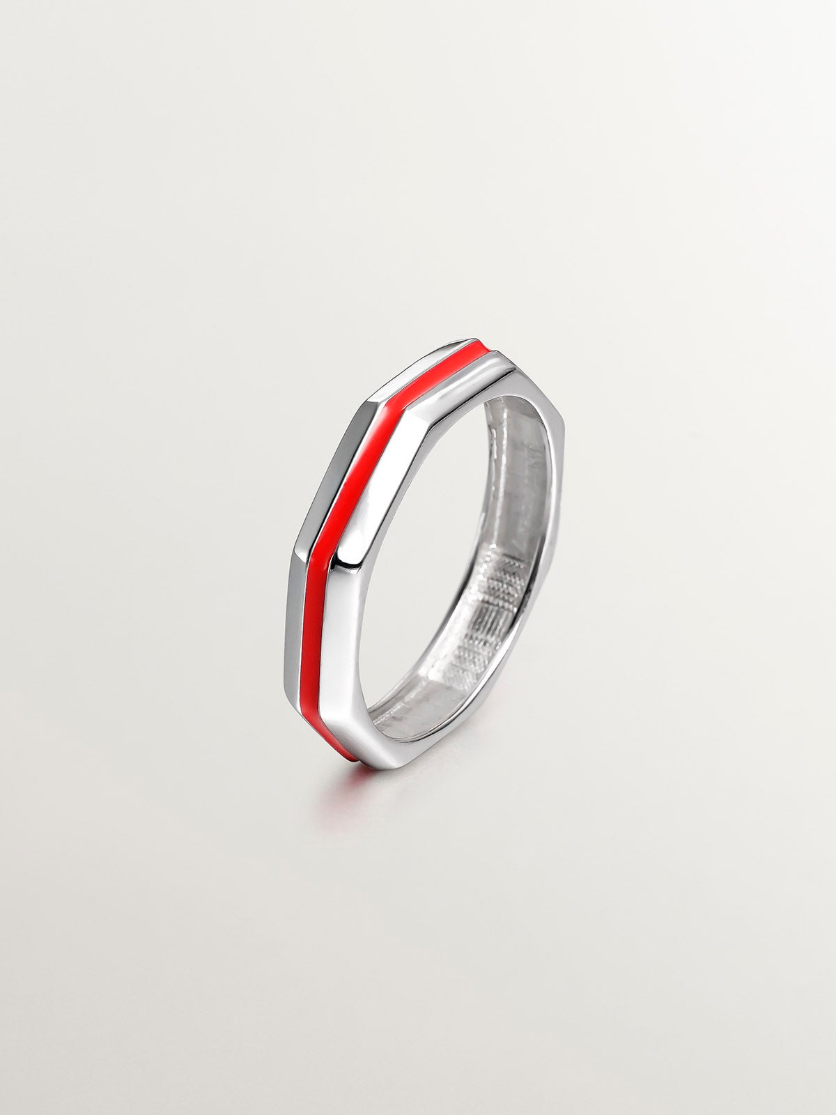 Anillo de plata 925 con acabado geométrico y esmalte rosa
