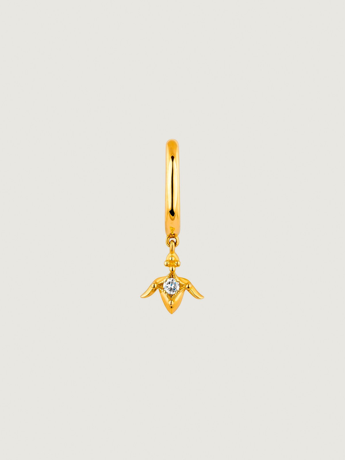 Individual small hoop earring of 9K yellow gold with diamond and lotus flower.